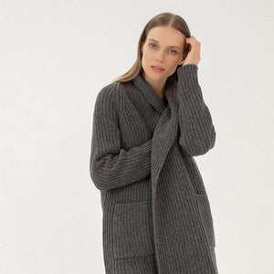 Organic Merino Wool Knit Cardigan: Long Cashmere Jacket with Pockets / RIVER
