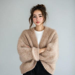 Hand-Knitted Beige Mohair Cardigan: Oversized Bohemian Knitwear