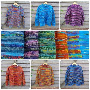 Hand Knitted Wool Jumper Warm Roll Neck Sweater 100% Wool Colourful Multi Red Blue Rainbow Space Dye Striped Pattern Unisex Men Ladies