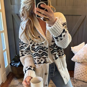 Handmade Western Cowichan Knit Cardigan: Cream Southwest Print