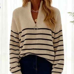 Zip Trutle Neck Sweater, Striped Warm Knit Sweater, Turtleneck Autumn Knit Jumper, Natural Fabric Layering Sweater, Soft Pullover Knitwear