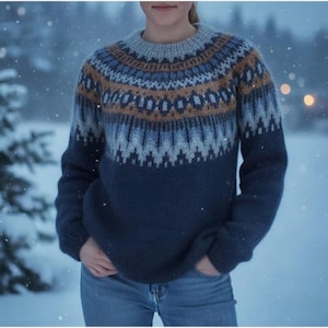 Fair Isle Wool Sweater, Nordic Pattern Pullover, Icelandic Wool Sweater, Cozy Winter Jumper, Handmade Warm Knitwear for Women, Holiday Gift