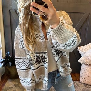 Handmade Oversized Cardigan: Zip Front Knitted Cotton Wool Sweater Jacket