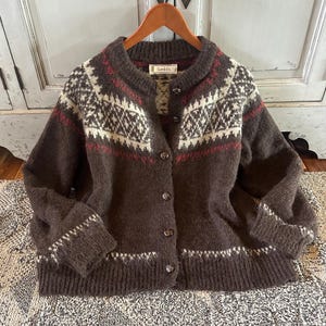 Handmade Fair Isle Knit Cardigan: Cotton Wool Blend Brown Icelandic Sweater