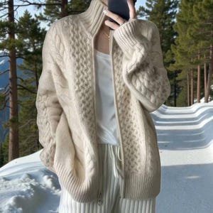 Wool Cable Knit Zip Cardigan Sweater | Thick Winter Knitwear | Cozy Stand Collar Jacket Women