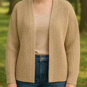 Handmade Women’s Beige Cardigan – Cozy Open Front Ribbed Knit Sweater, Winter Layering Knitwear